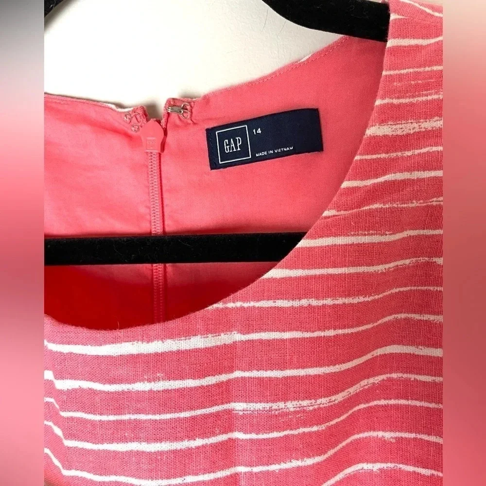 GAP | Pink & White Striped Linen Cotton Blend Pleated Sleeveless Dress Size 14 - Picture 3 of 8
